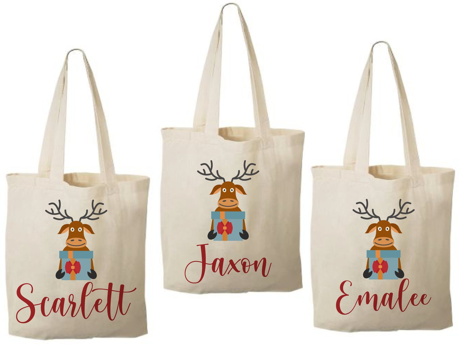 Personalized Christmas Reindeer Gift Bags – Custom Name Holiday Favor Tote, Kids Christmas Party Bags, Reusable Santa Treat Bag - Set of 3