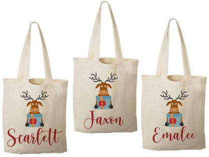 Personalized Christmas Reindeer Gift Bags – Custom Name Holiday Favor Tote, Kids Christmas Party Bags, Reusable Santa Treat Bag - Set of 3