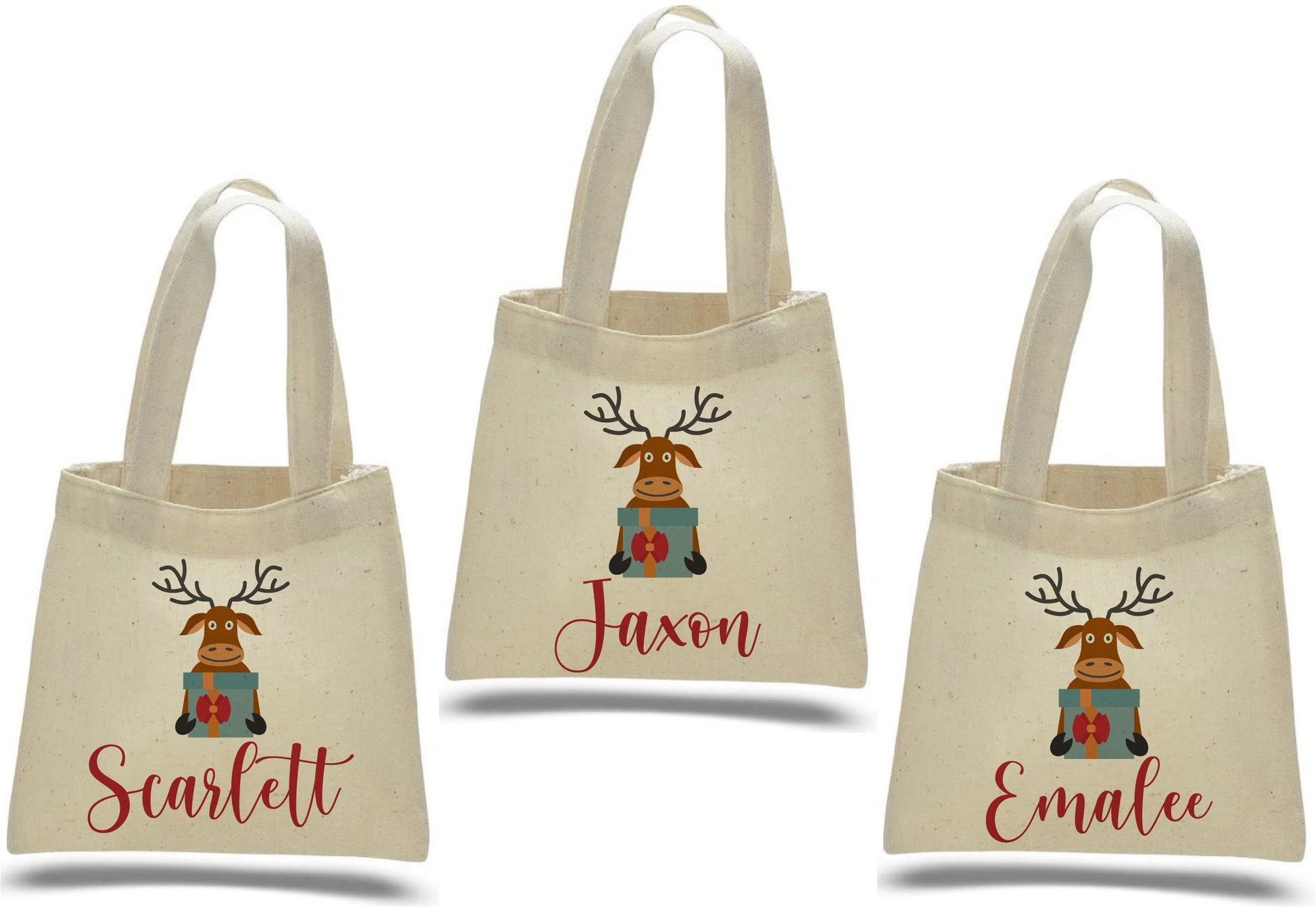 Personalized Christmas Reindeer Gift Bags – Custom Name Holiday Favor Tote, Kids Christmas Party Bags, Reusable Santa Treat Bag - Set of 3
