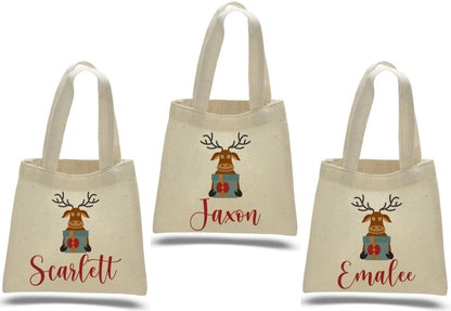 Personalized Christmas Reindeer Gift Bags – Custom Name Holiday Favor Tote, Kids Christmas Party Bags, Reusable Santa Treat Bag - Set of 3