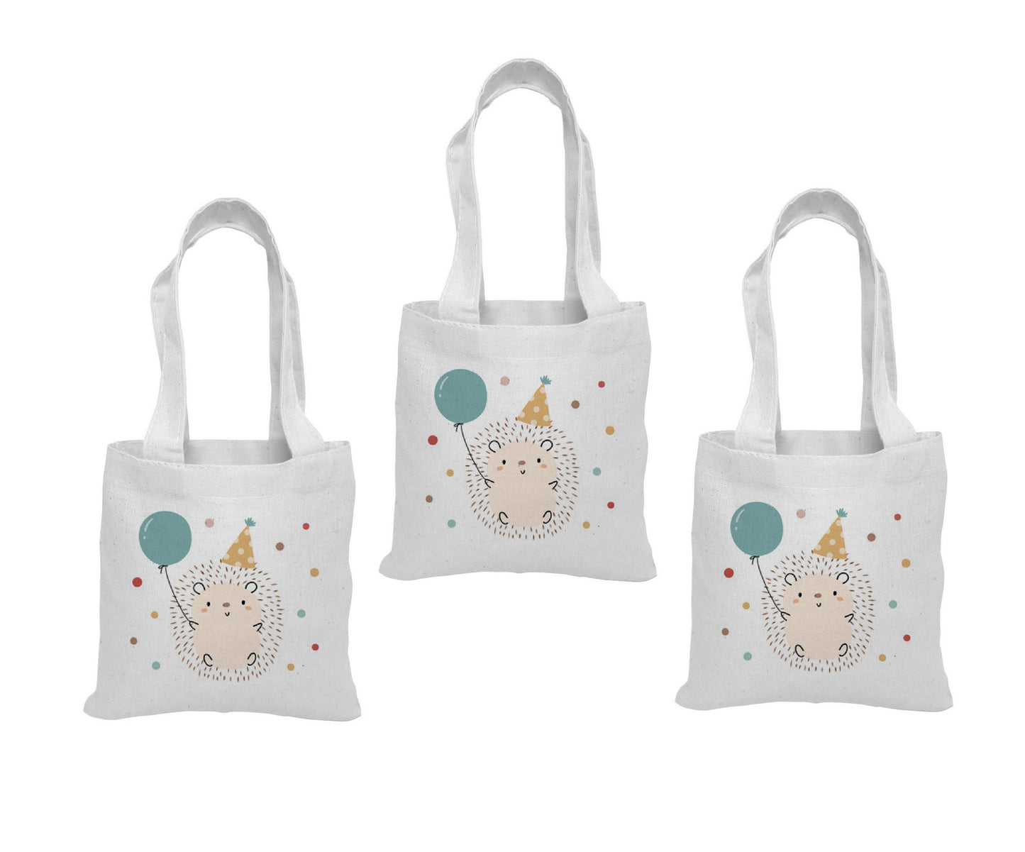Hedgehog Party Favor Bags - Set of 3, Woodland Birthday Cotton Goodie Bags