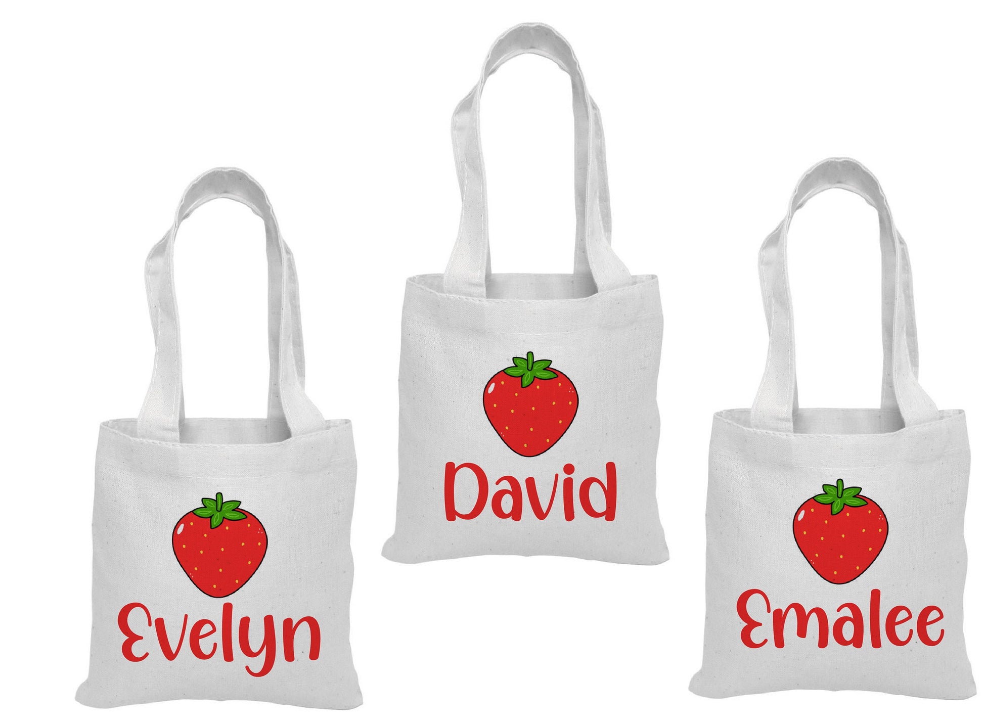 Custom Strawberry Party Favor Bags - Set of Three Bags - Perfect for Strawberry Themed Parties and Events! Featuring Guest Names
