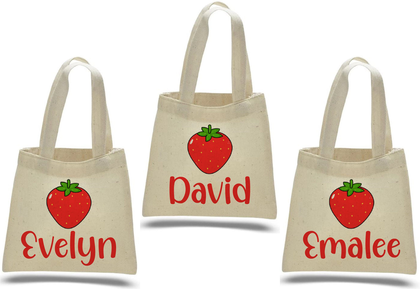 Custom Strawberry Party Favor Bags - Set of Three Bags - Perfect for Strawberry Themed Parties and Events! Featuring Guest Names