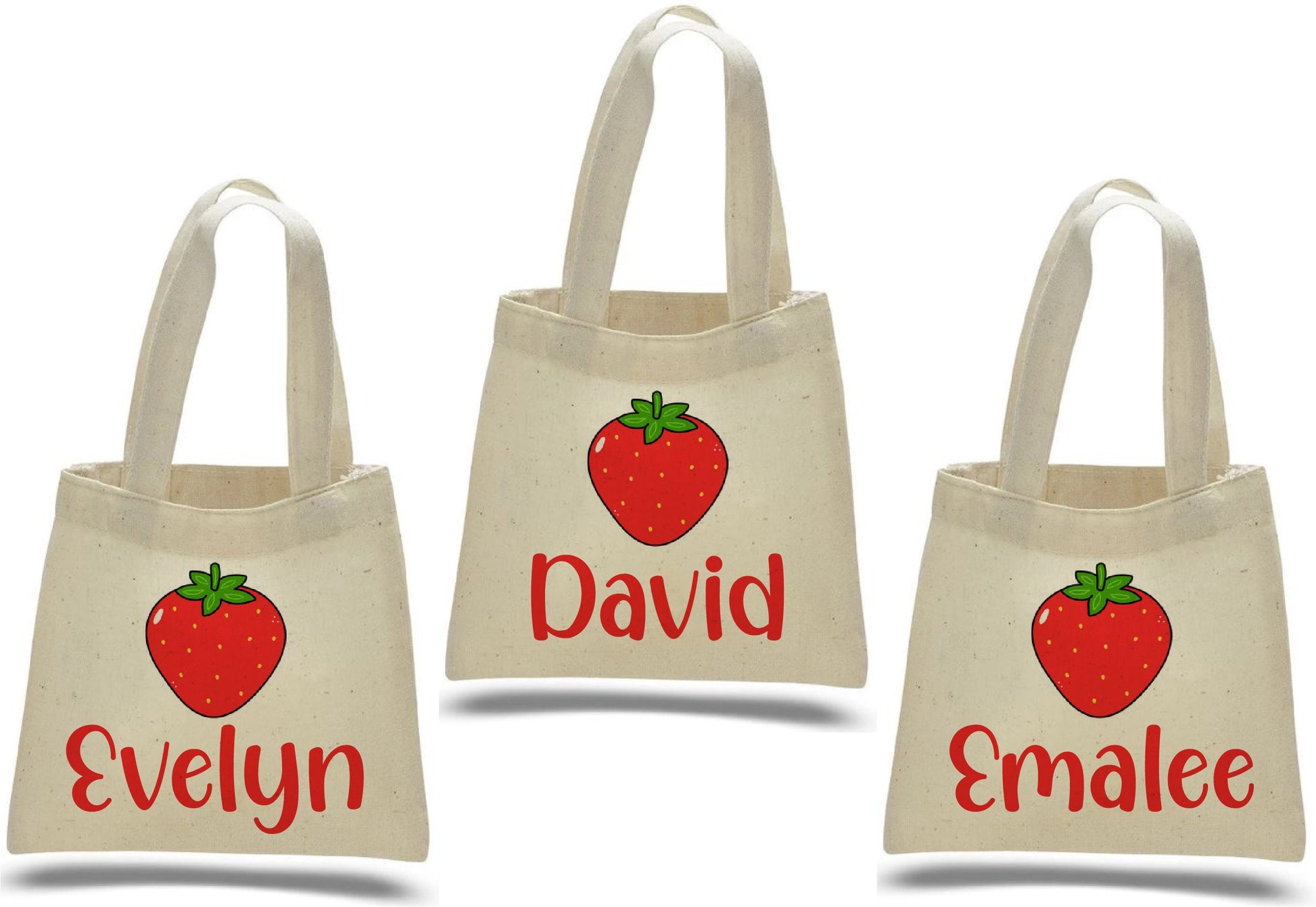 Custom Strawberry Party Favor Bags - Set of Three Bags - Perfect for Strawberry Themed Parties and Events! Featuring Guest Names