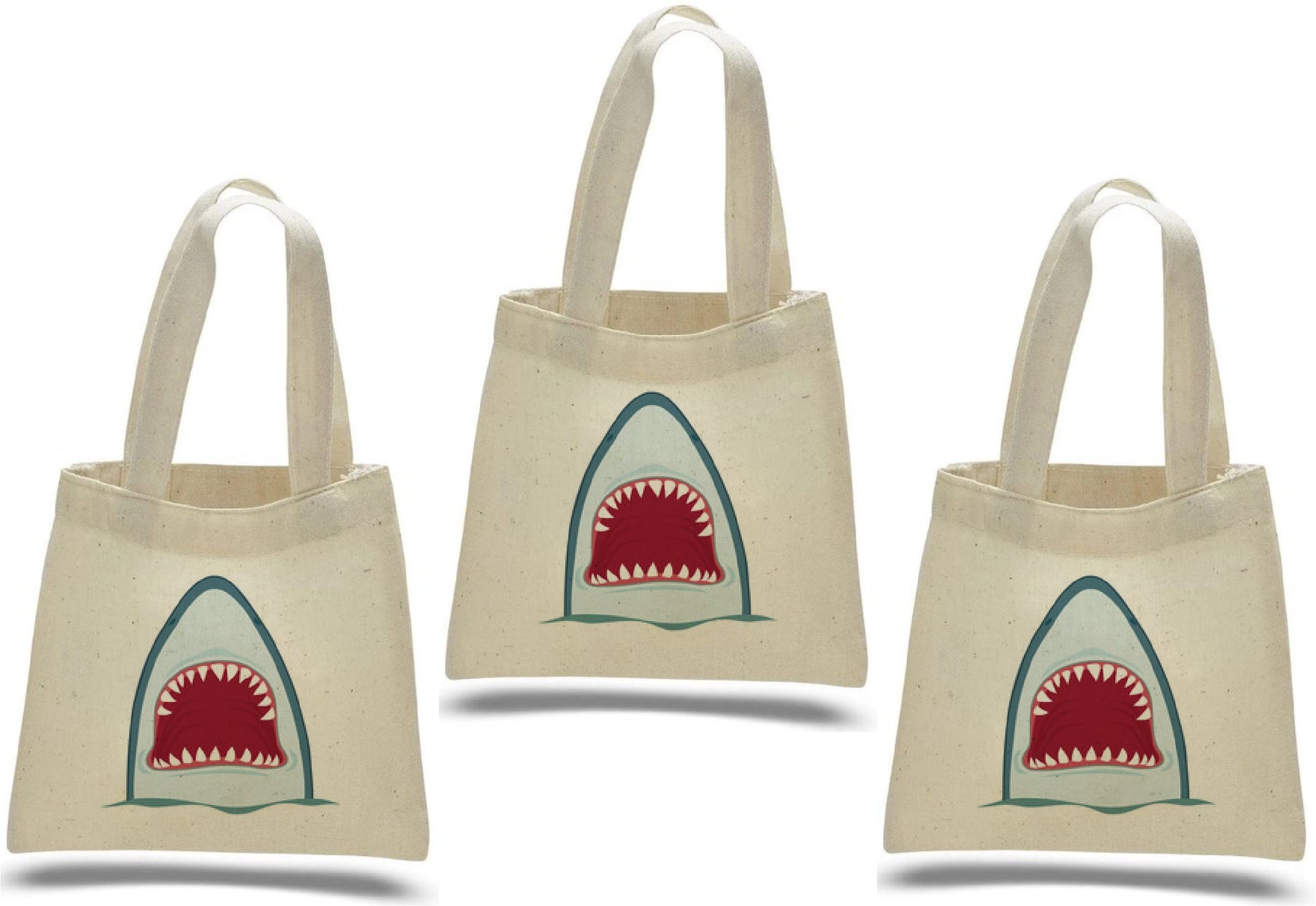 Shark Party Favor Bags - Cotton Canvas Goodie Bags, Set of 3