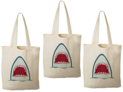 Shark Party Favor Bags - Cotton Canvas Goodie Bags, Set of 3