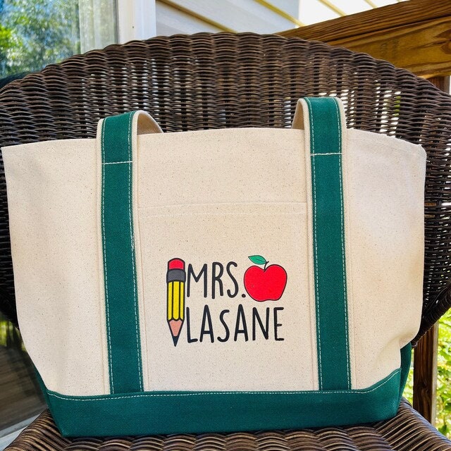 Personalized Teacher Canvas Tote Bag, Heavy-Duty with Pockets