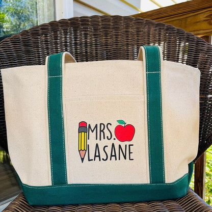 Personalized Teacher Canvas Tote Bag, Heavy-Duty with Pockets