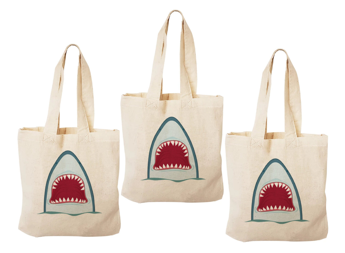 Shark Party Favor Bags - Cotton Canvas Goodie Bags, Set of 3