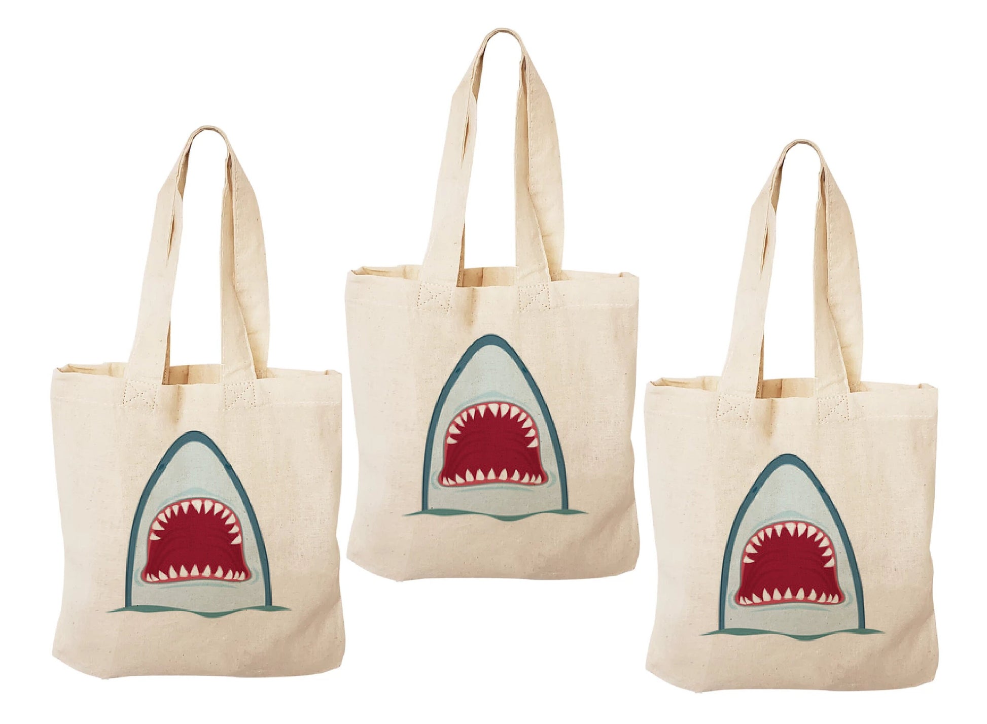 Shark Party Favor Bags - Cotton Canvas Goodie Bags, Set of 3