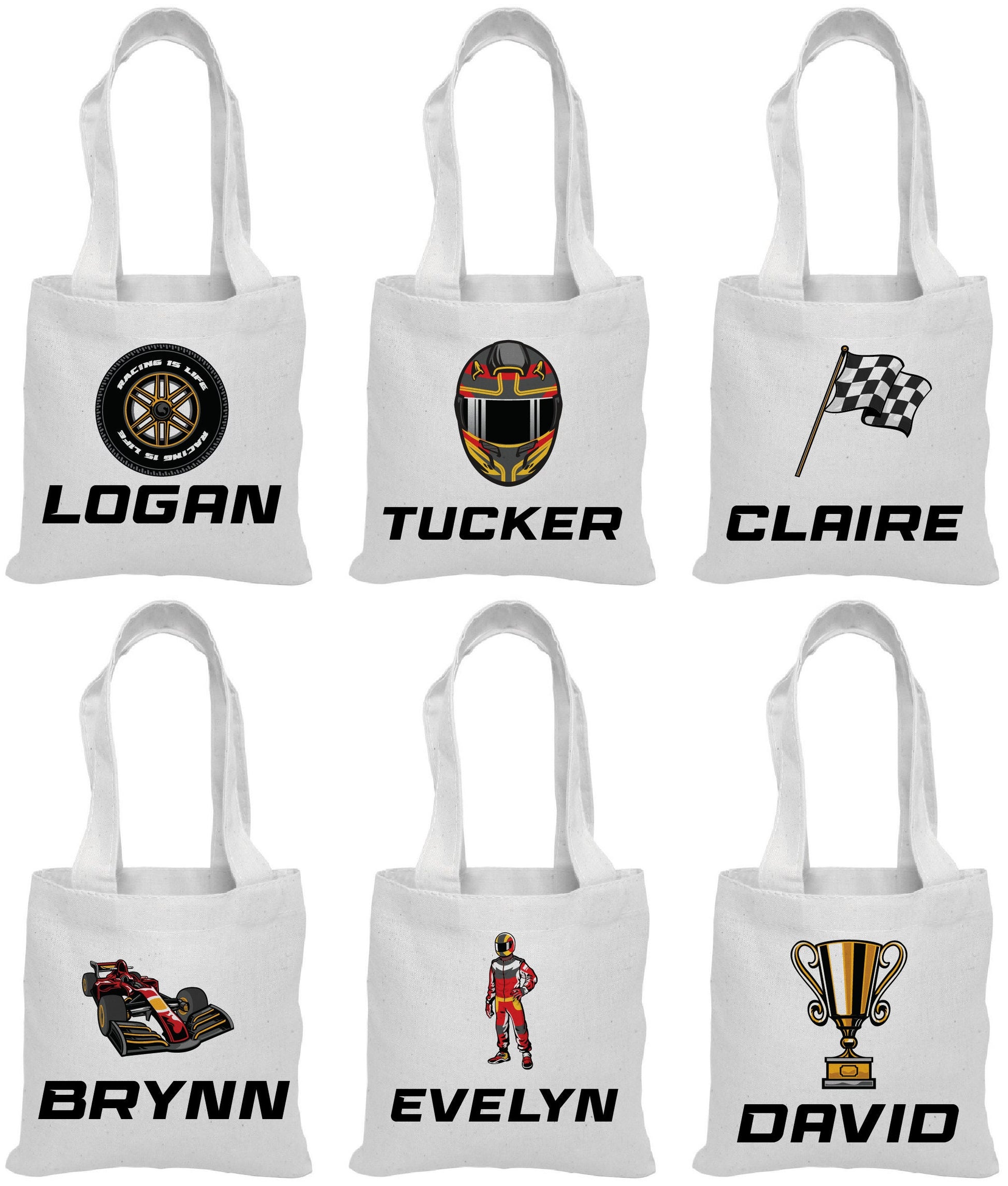 Personalized Race Party Favor Bags - Set of Six Bags
