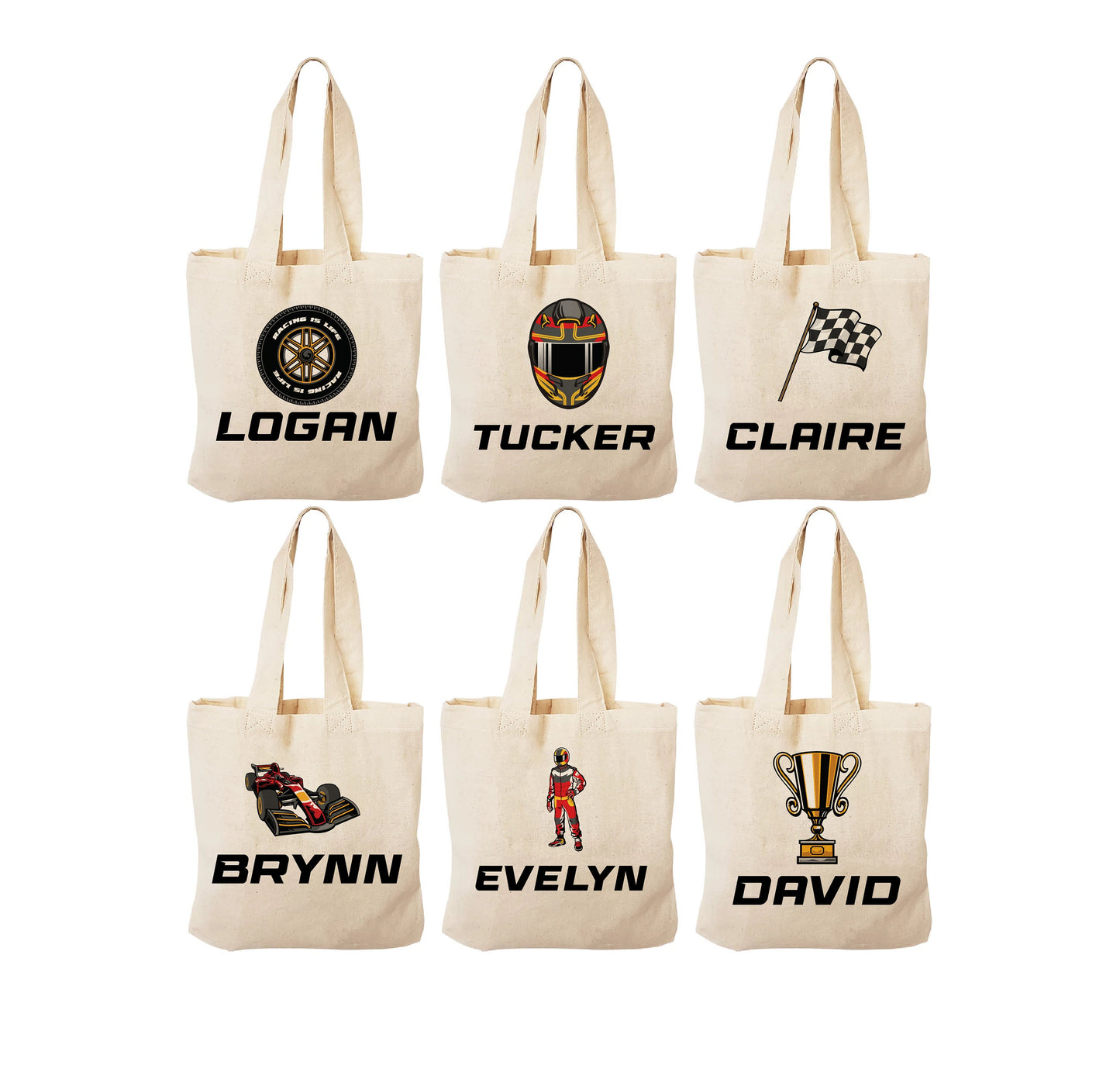 Personalized Race Party Favor Bags - Set of Six Bags