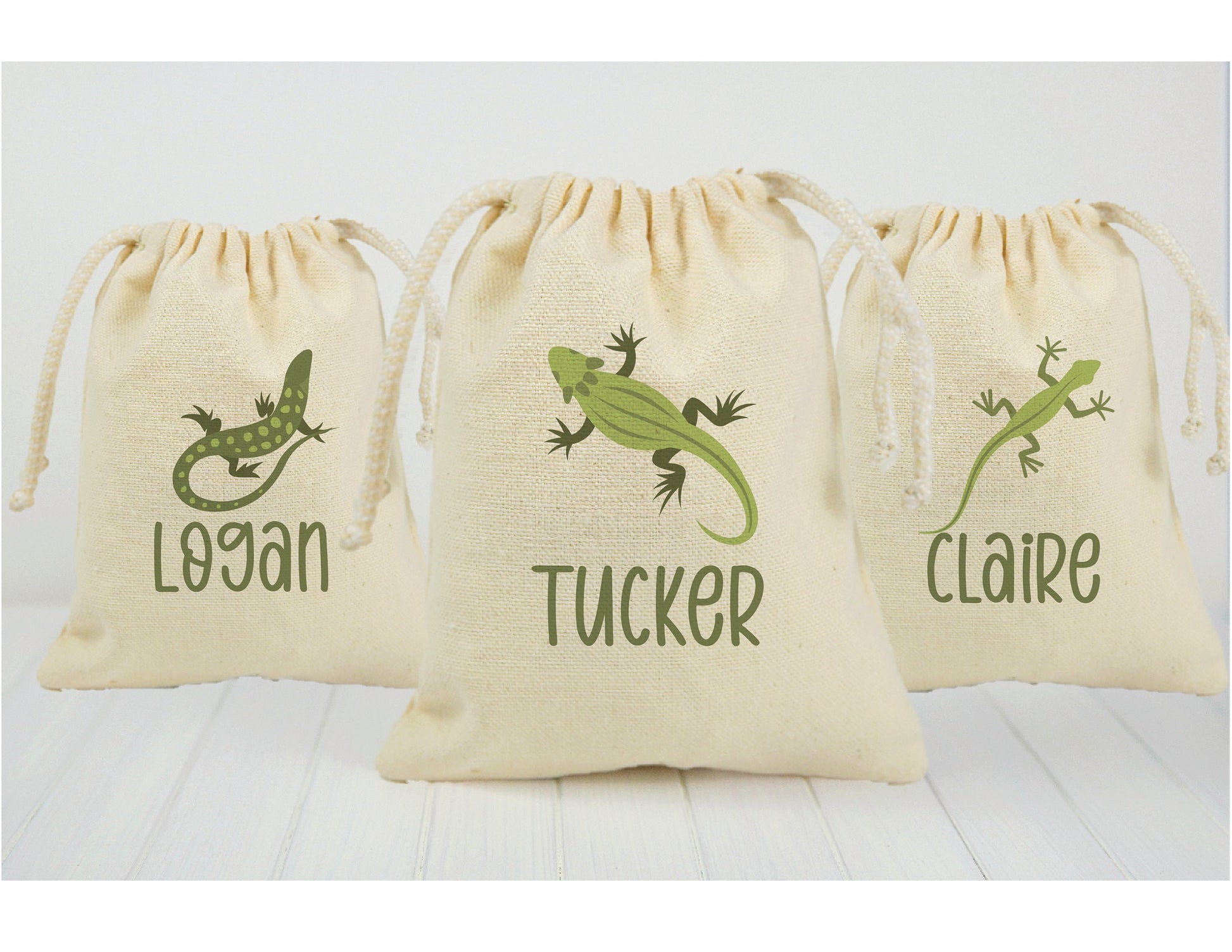 Custom Lizard Party Favor Bags - Personalized Cotton Drawstring Gift Bags - Set of Three