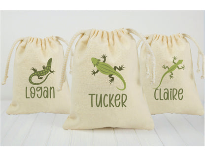 Custom Lizard Party Favor Bags - Personalized Cotton Drawstring Gift Bags - Set of Three
