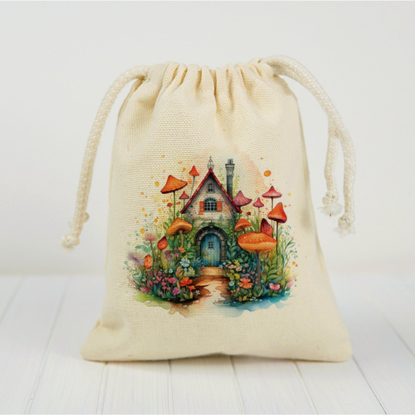 Fairy Party Favor Bag – Woodland Cottage Design Cotton Drawstring Bag