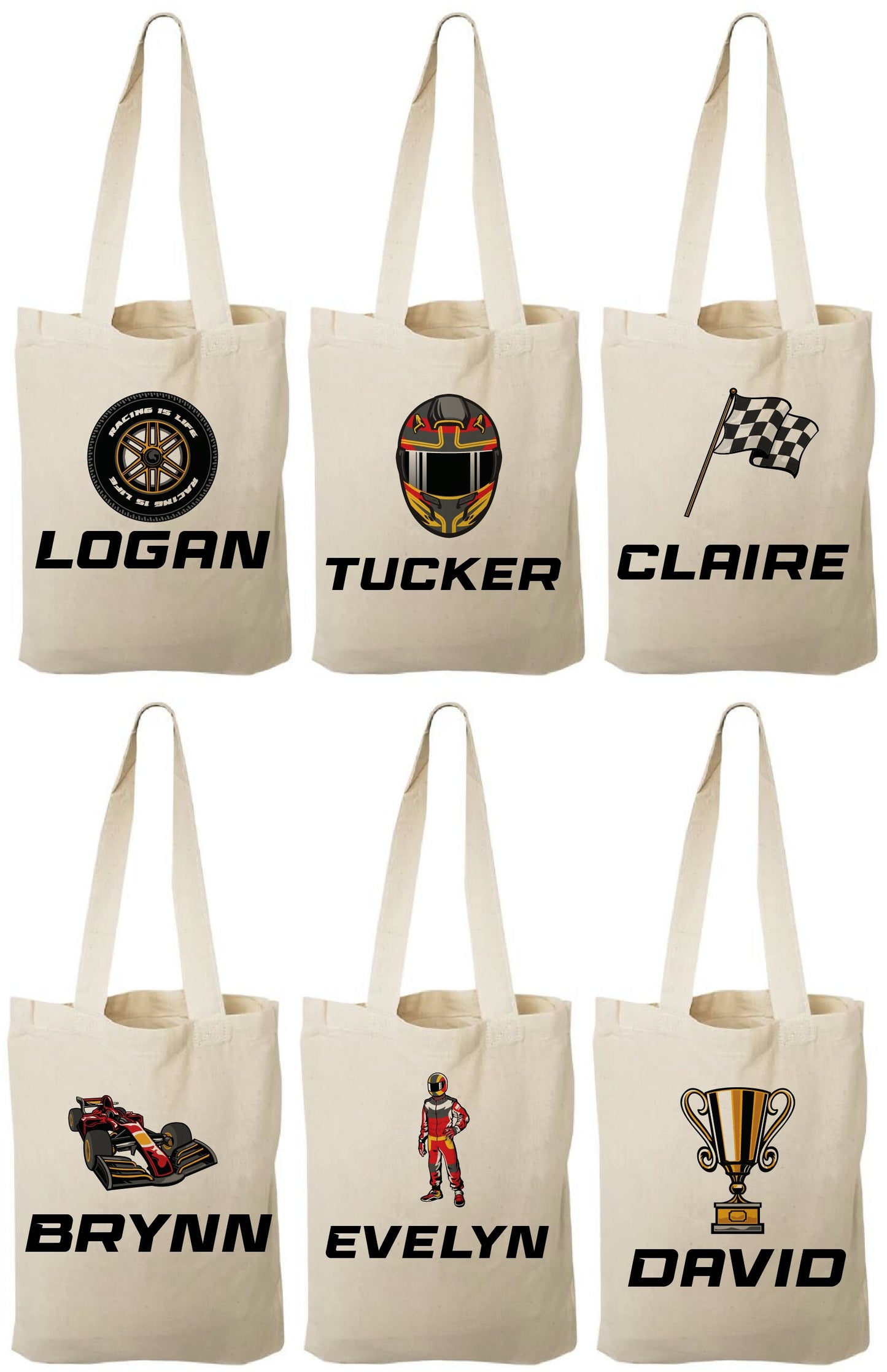 Personalized Race Party Favor Bags - Set of Six Bags