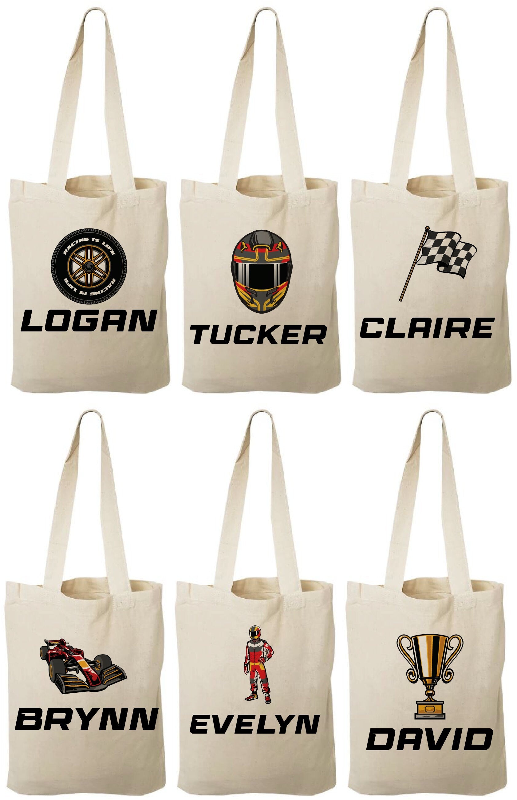 Personalized Race Party Favor Bags - Set of Six Bags