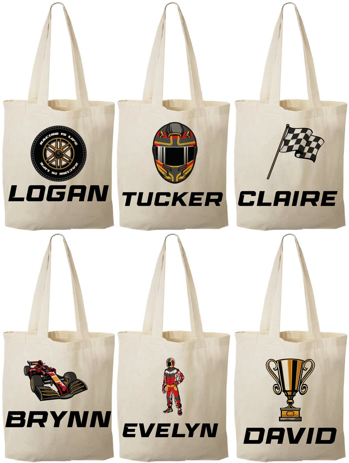 Personalized Race Party Favor Bags - Set of Six Bags