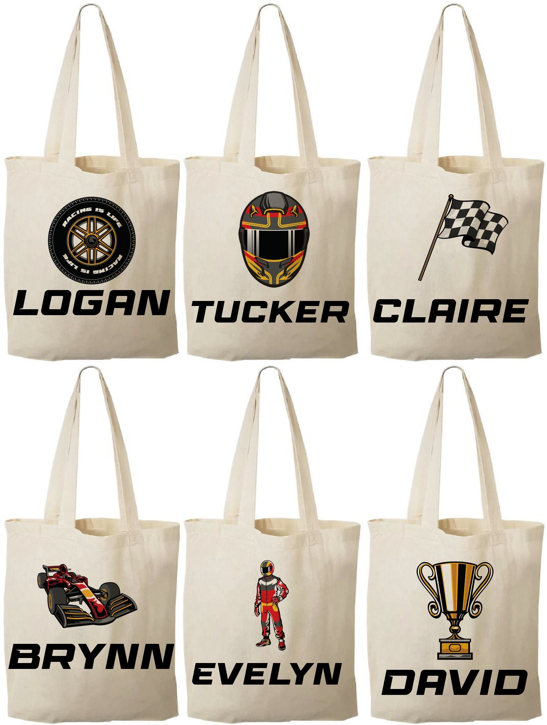 Personalized Race Party Favor Bags - Set of Six Bags
