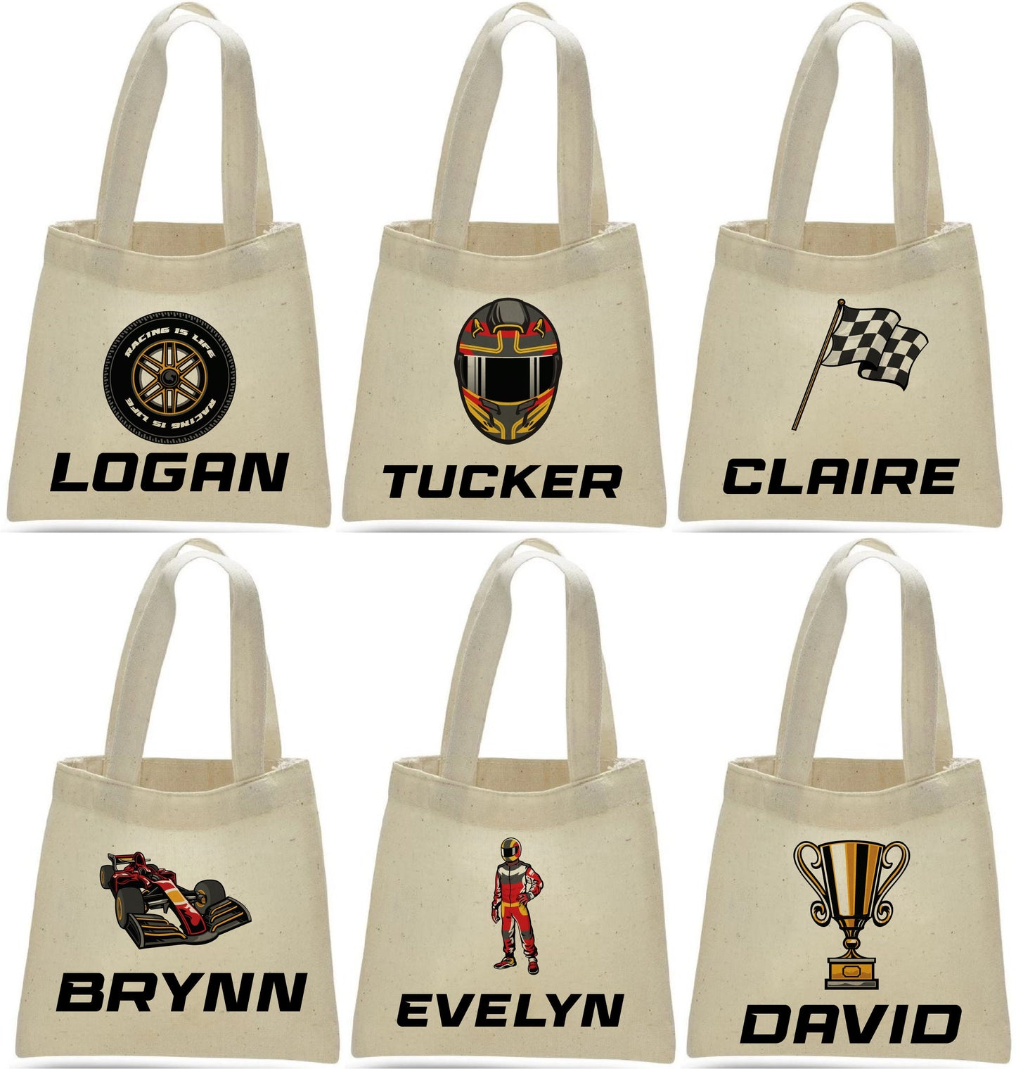 Personalized Race Party Favor Bags - Set of Six Bags