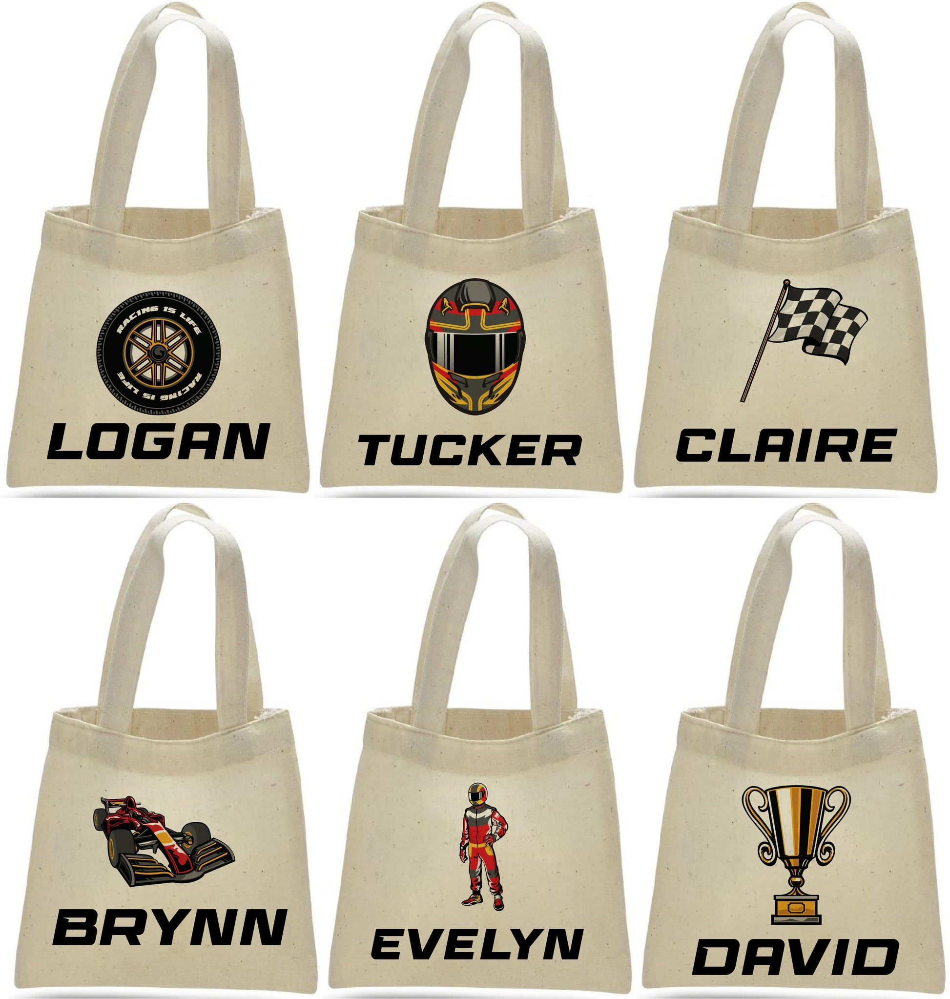 Personalized Race Party Favor Bags - Set of Six Bags