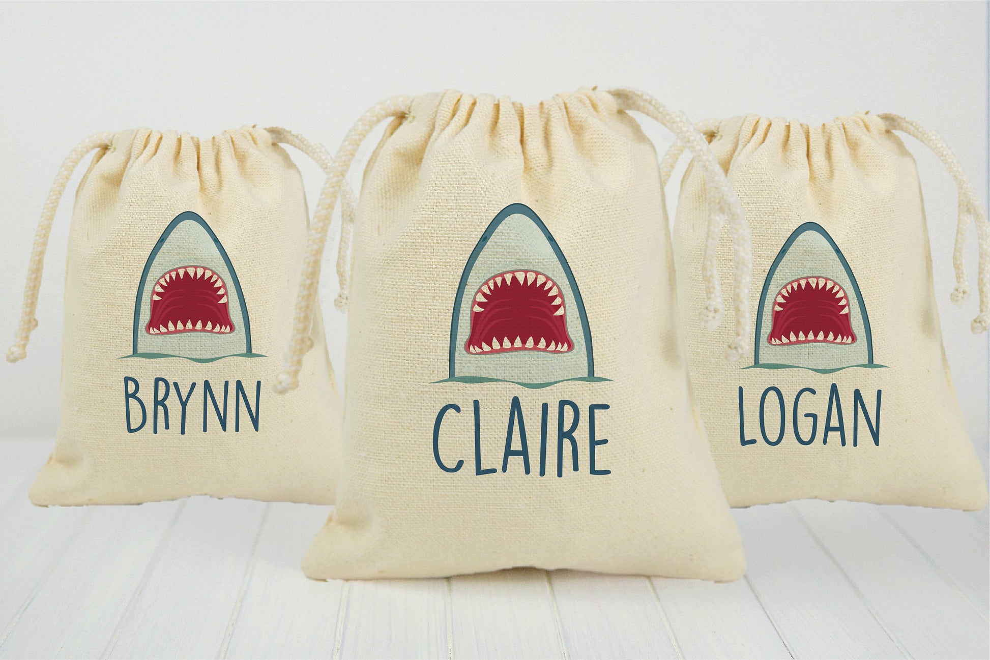 Personalized Shark Party Favor Bags - Set of 3 Cotton Goodie Bags
