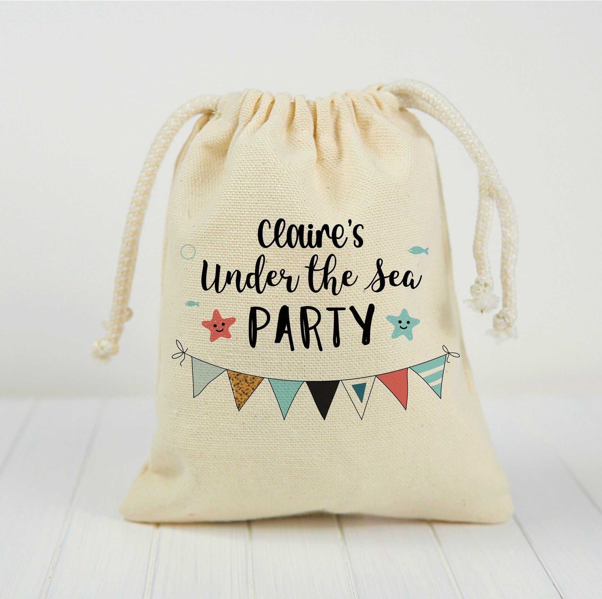Personalized Under The Sea Party Favor Bags - Canvas Drawstring Goodie Bags