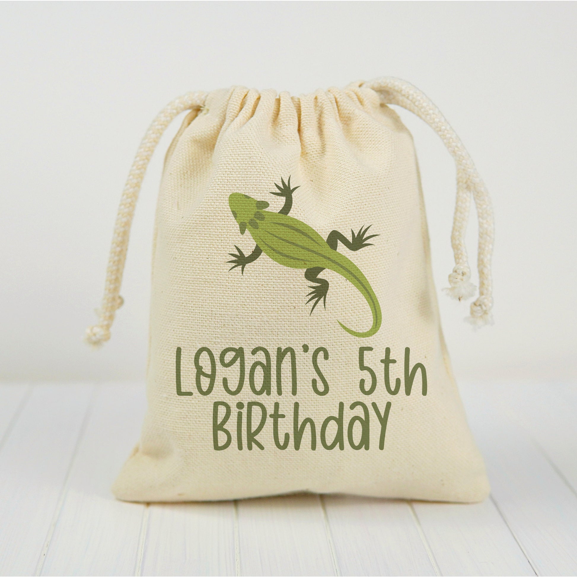 Custom Lizard Party Favor Bags - Personalized Cotton Drawstring Gift Bags - Set of Three