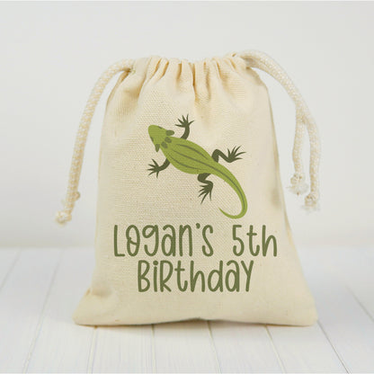 Custom Lizard Party Favor Bags - Personalized Cotton Drawstring Gift Bags - Set of Three