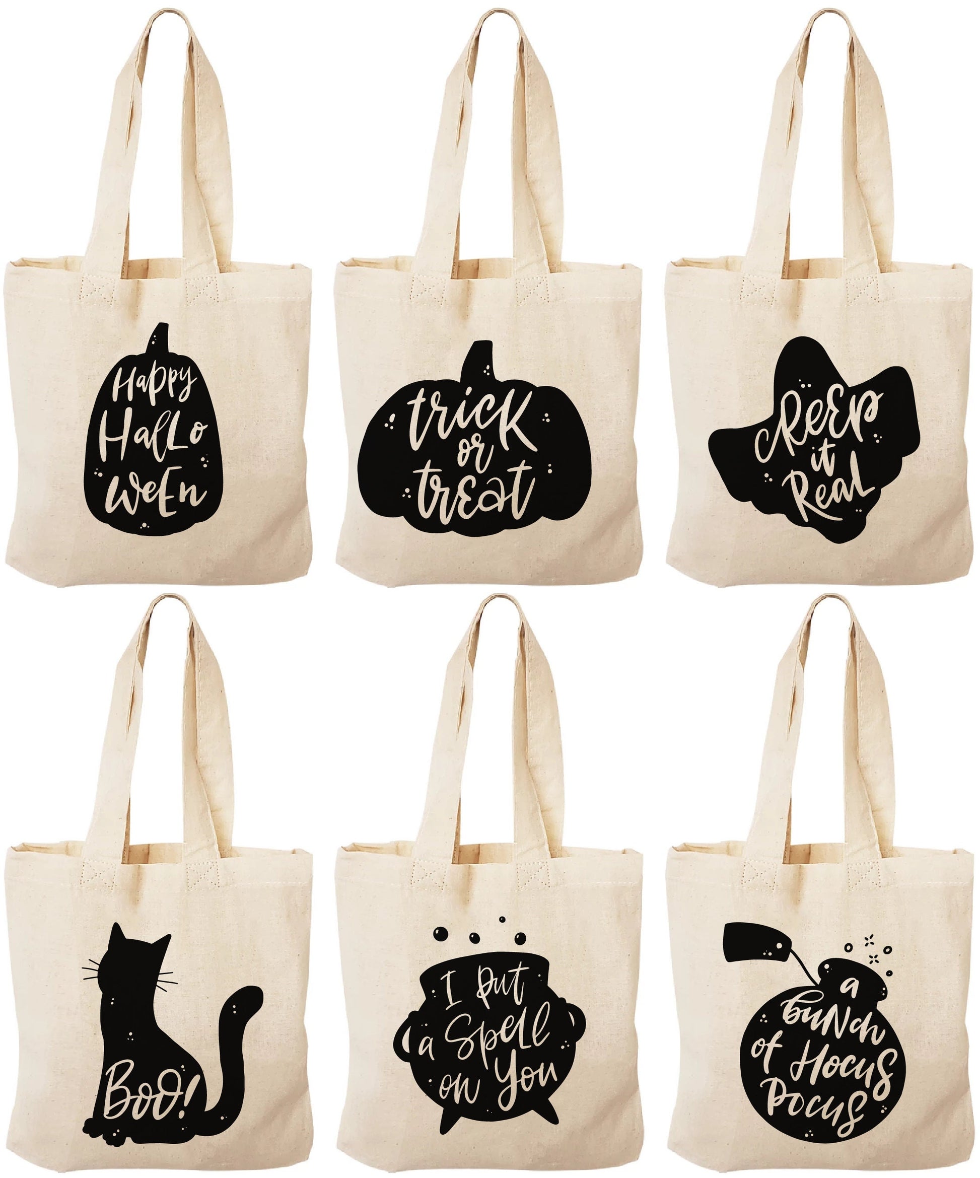 Halloween Cotton Favor Bags - Spooky Designs, Set of 6