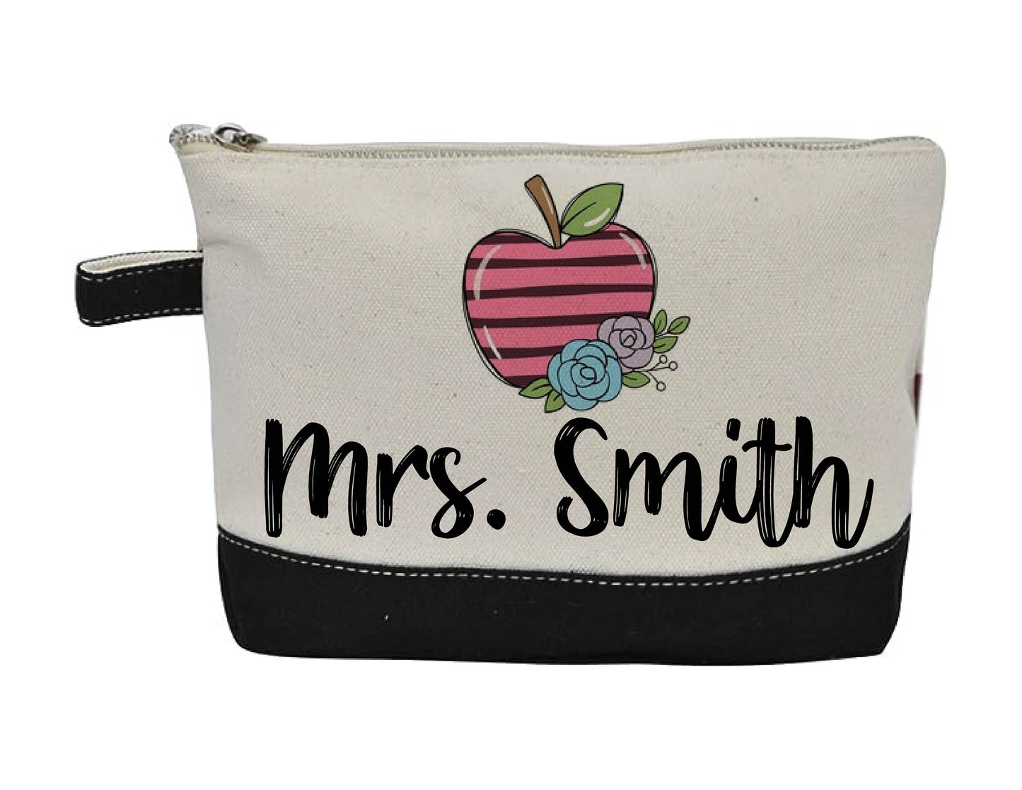 Personalized Teacher Pouch - Apple & Floral Design, Custom Zipper Bag