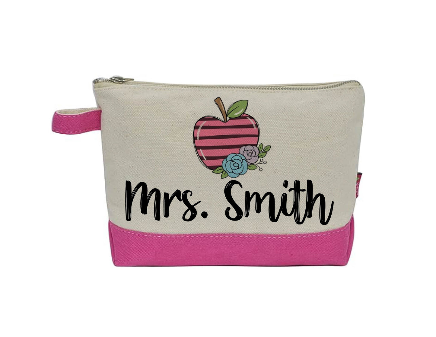 Personalized Teacher Pouch - Apple & Floral Design, Custom Zipper Bag