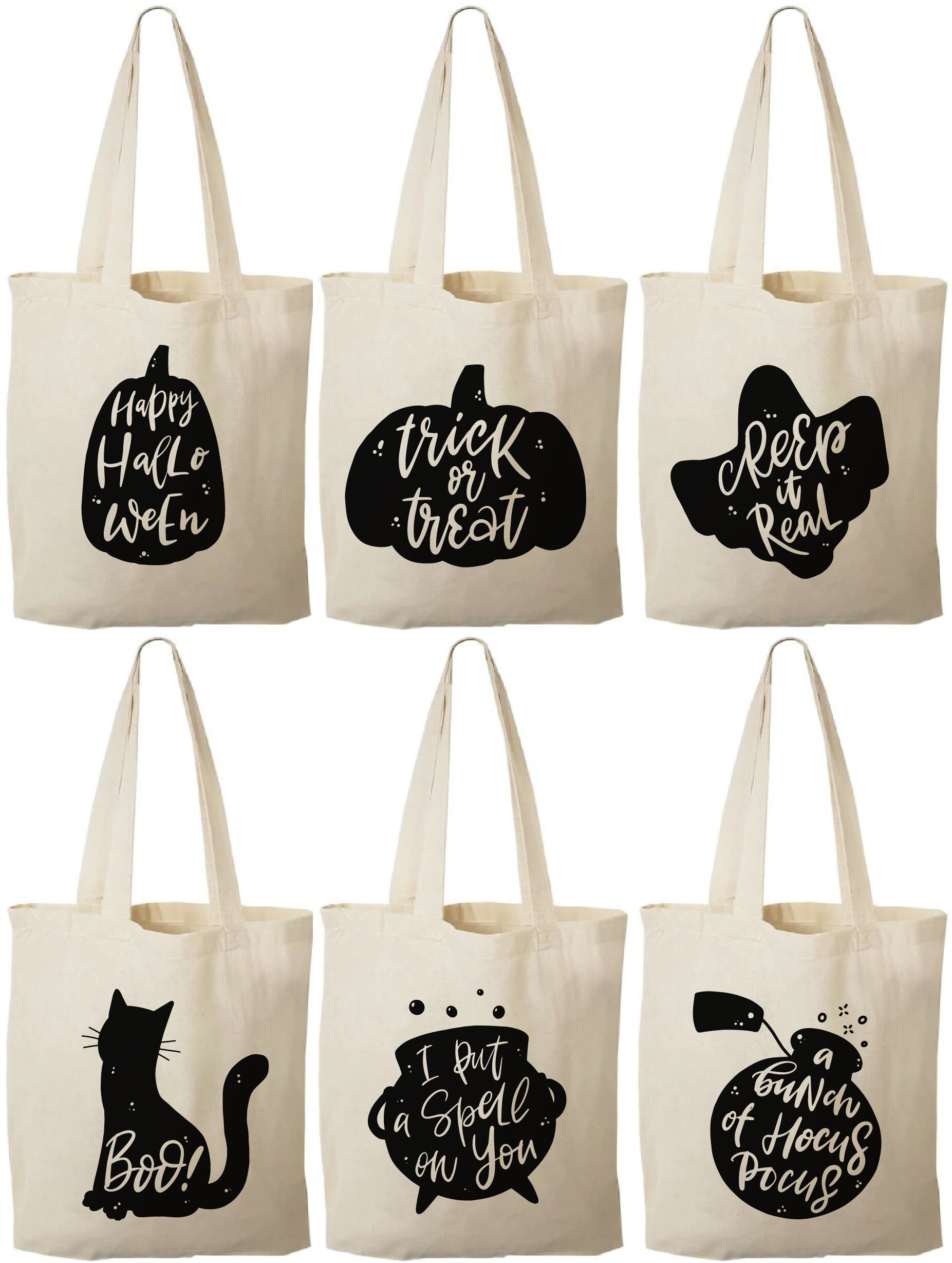 Halloween Cotton Favor Bags - Spooky Designs, Set of 6