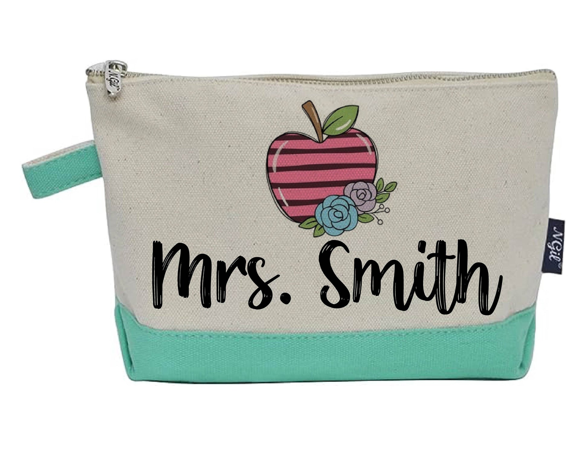 Personalized Teacher Pouch - Apple & Floral Design, Custom Zipper Bag