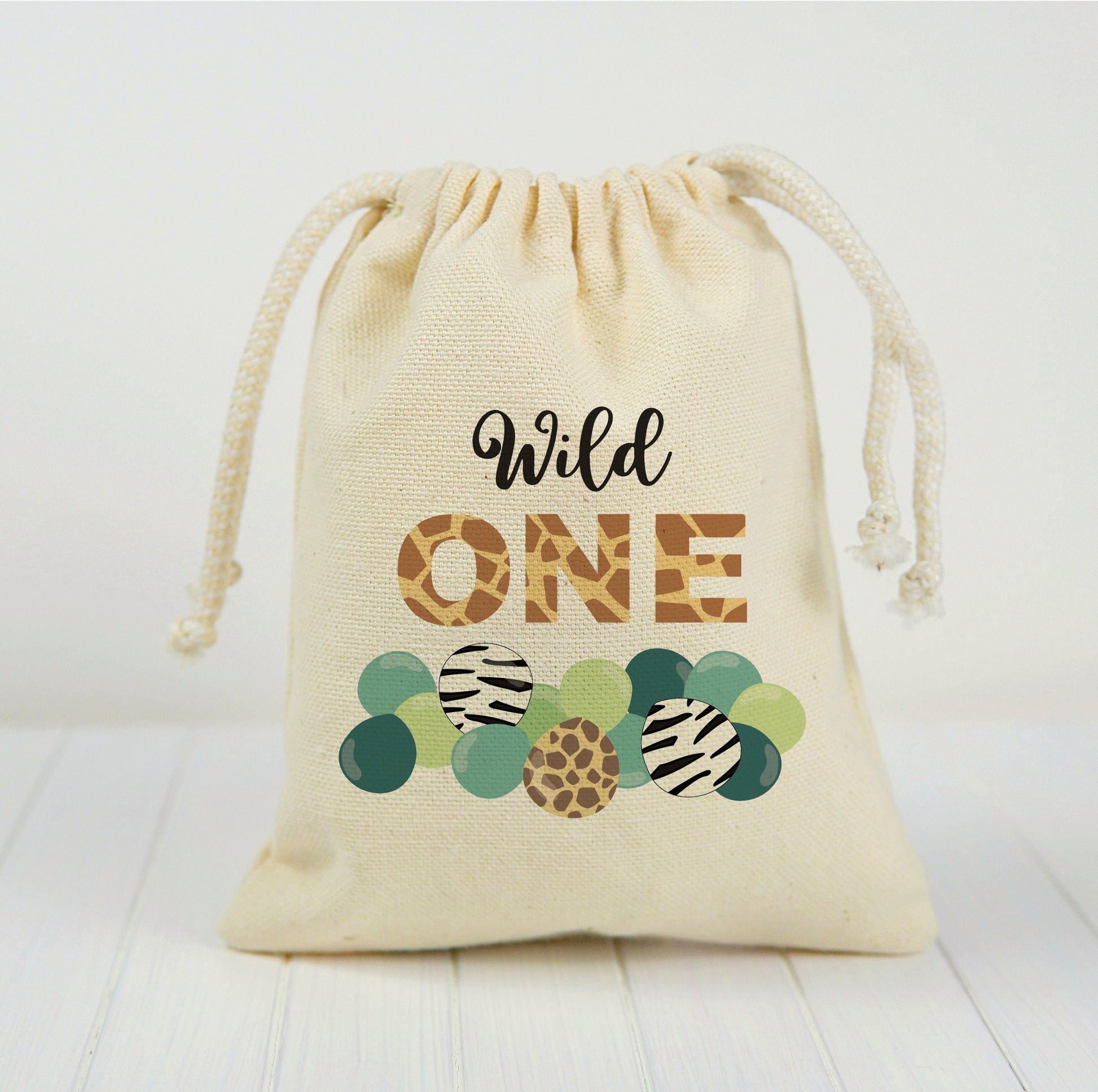 Wild One Safari Party Favor Bags, Jungle Theme Cotton Drawstring