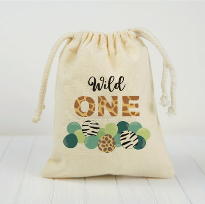 Wild One Safari Party Favor Bags, Jungle Theme Cotton Drawstring