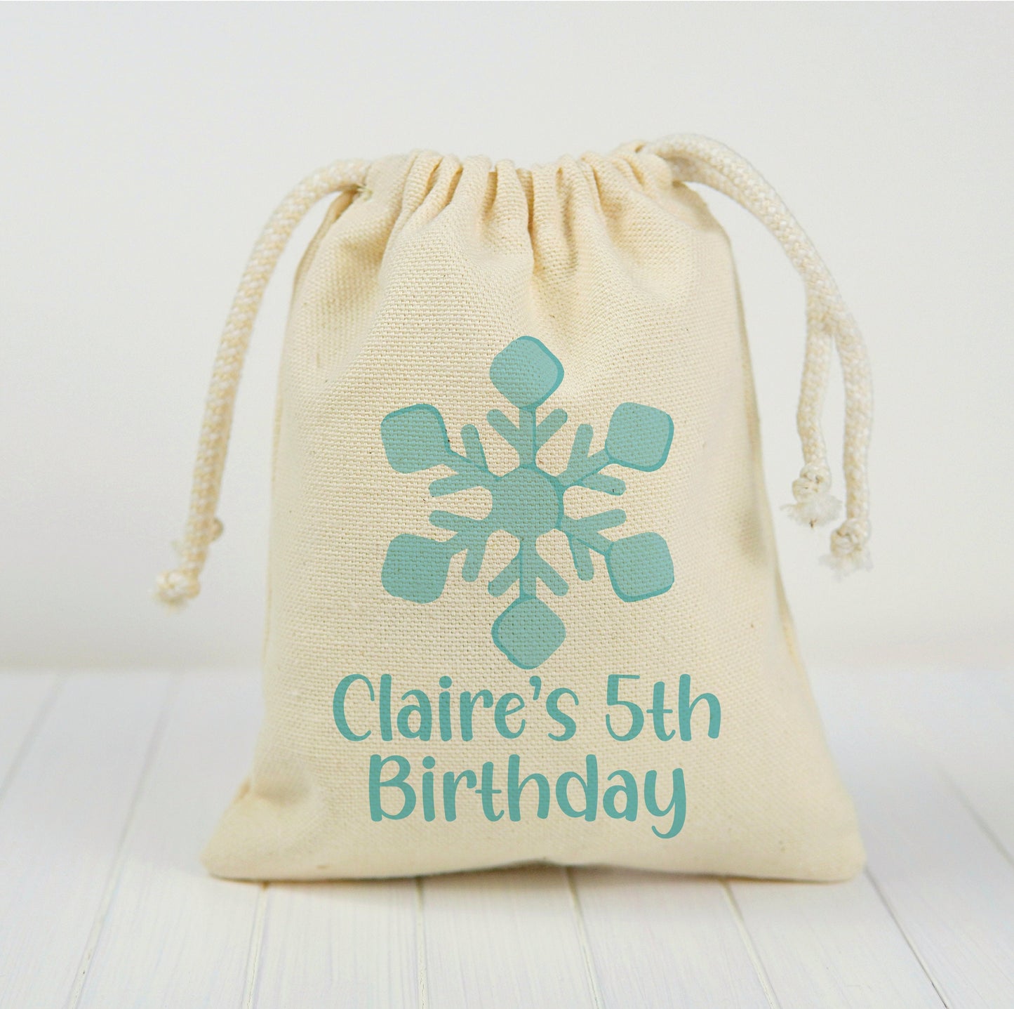 Personalized Snowflake Cotton Favor Bags, Winter Birthday Party