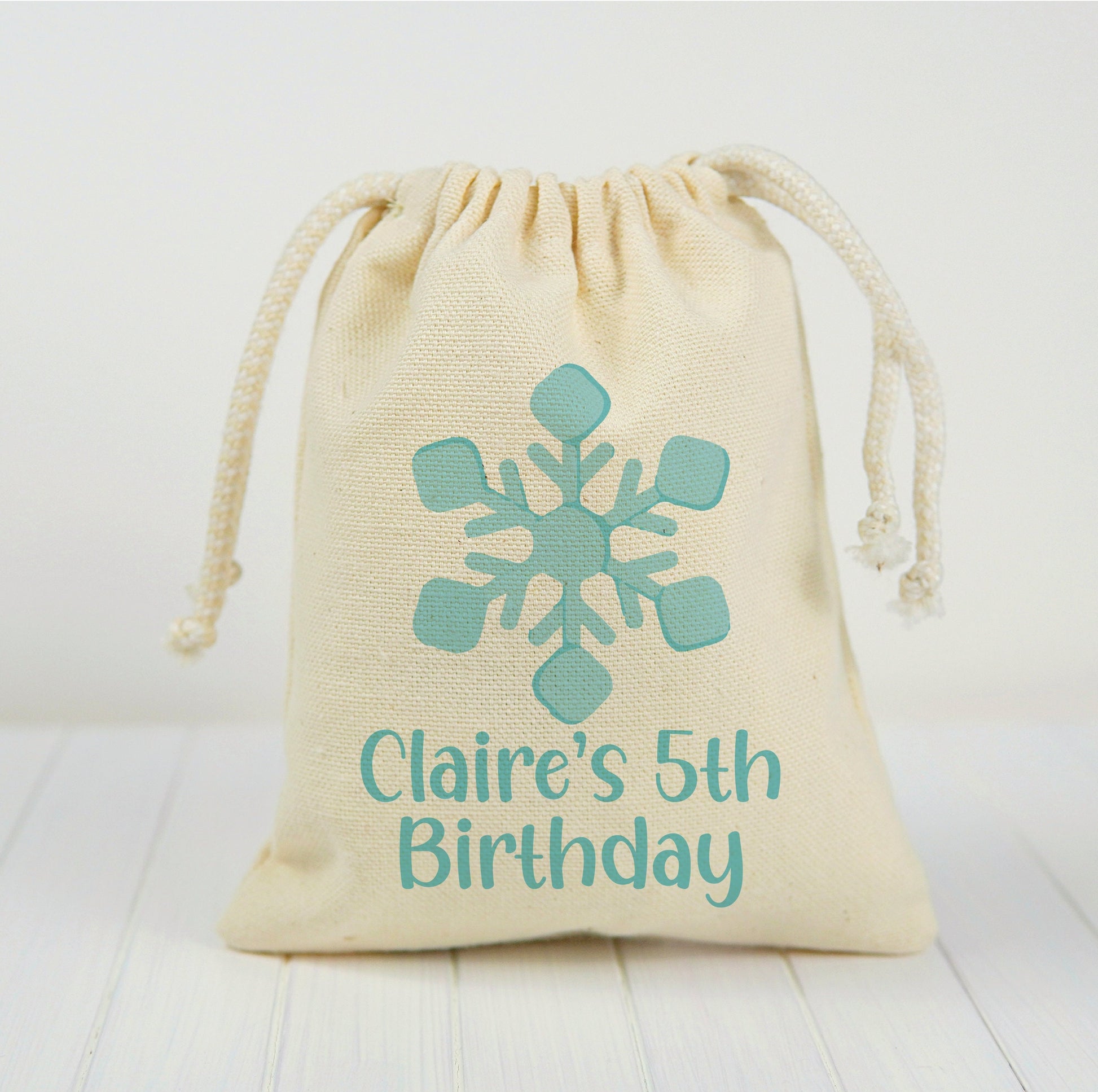 Personalized Snowflake Cotton Favor Bags, Winter Birthday Party