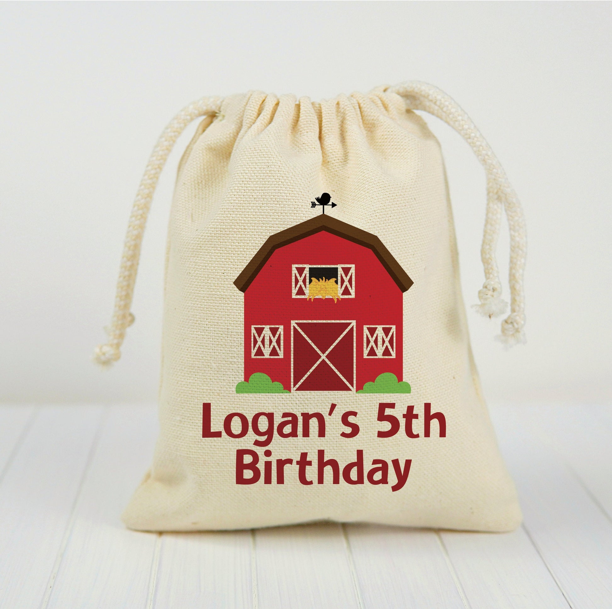 Personalized Farm Birthday Favor Bags – Red Barn, Cotton Drawstring