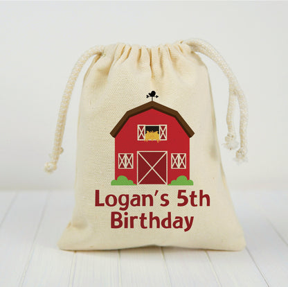 Personalized Farm Birthday Favor Bags – Red Barn, Cotton Drawstring