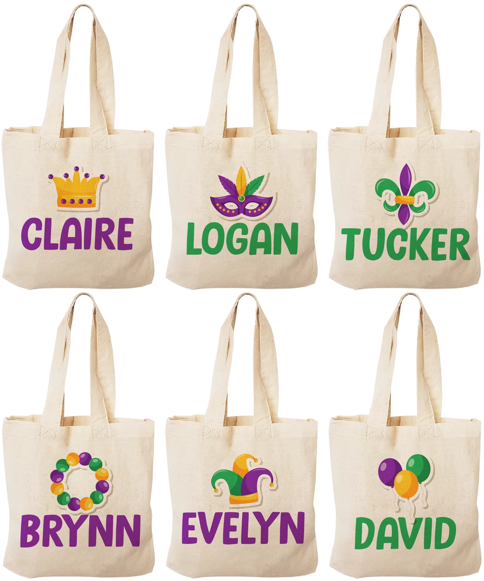 6 Mardi Gras Cotton Party Favor Bags, Reusable Goodie Bags