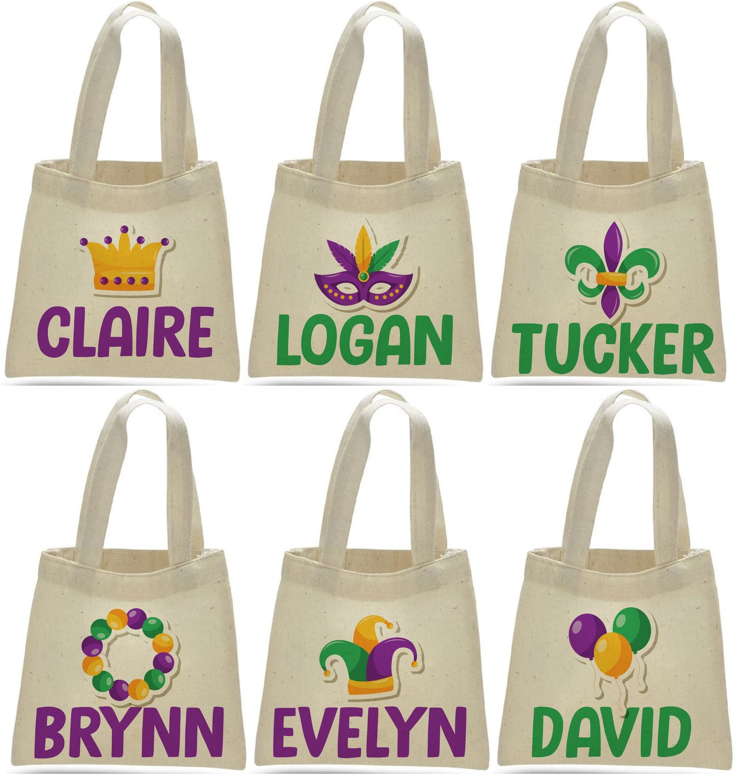 6 Mardi Gras Cotton Party Favor Bags, Reusable Goodie Bags
