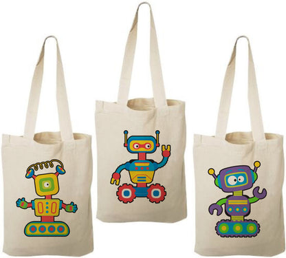 Robot Party Favor Bags – Retro Canvas Goodie Totes, Set of 3