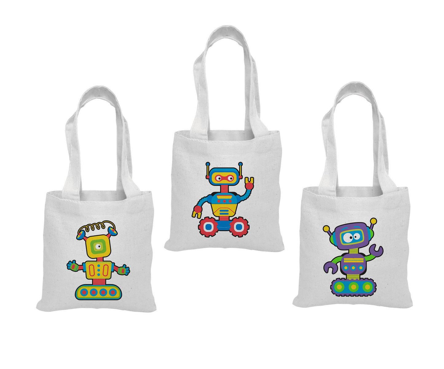 Robot Party Favor Bags – Retro Canvas Goodie Totes, Set of 3
