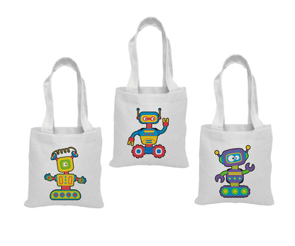 Robot Party Favor Bags – Retro Canvas Goodie Totes, Set of 3