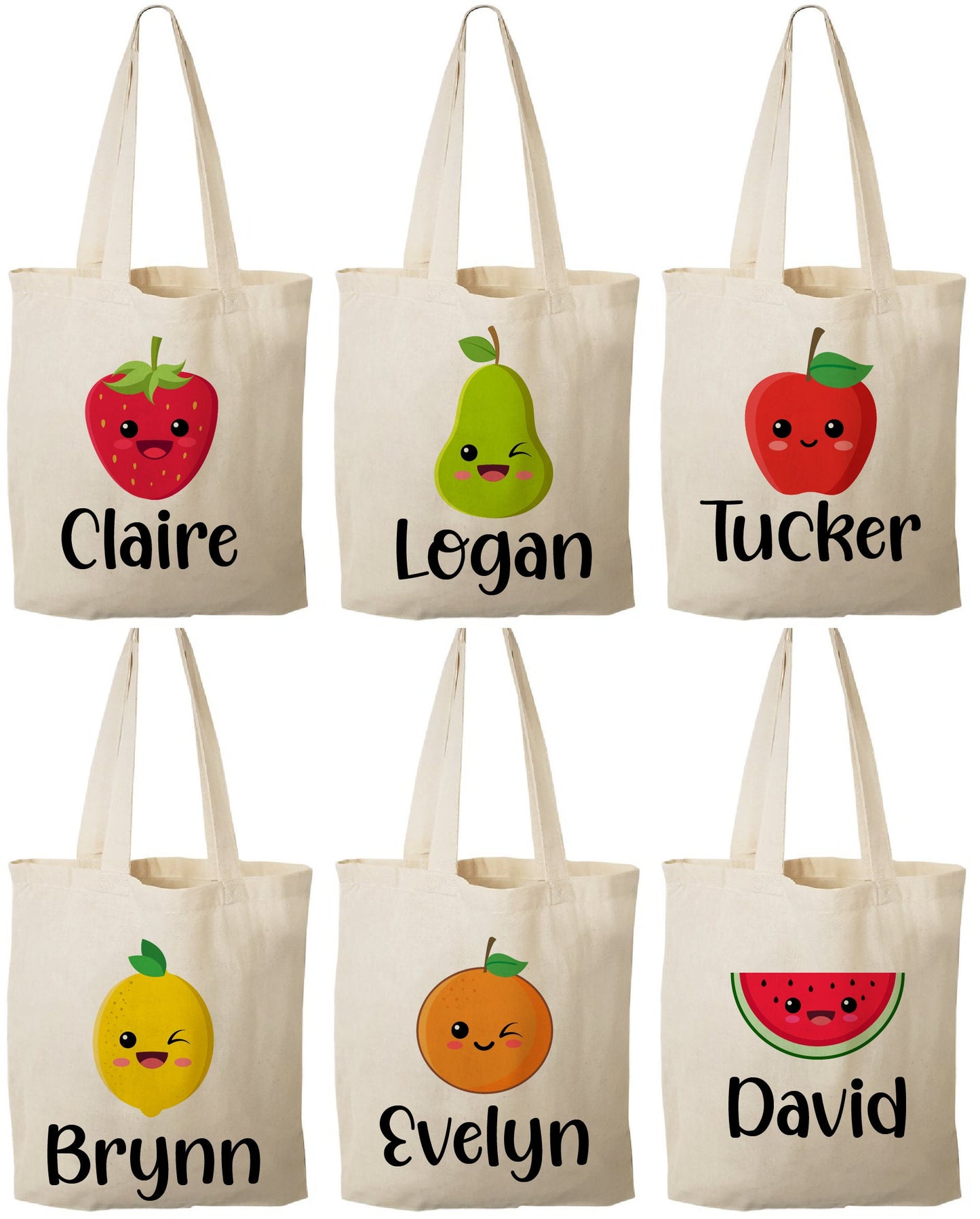 Personalized Fruit Party Favor Bags – Set of Six Custom Canvas Totes