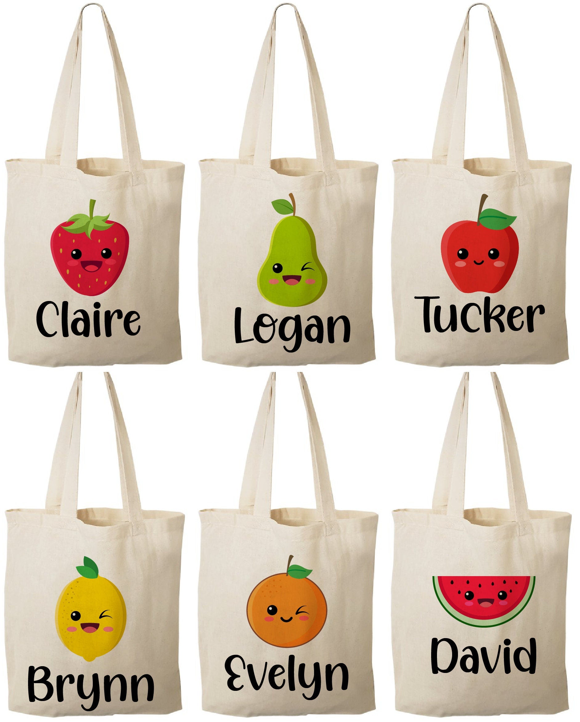 Personalized Fruit Party Favor Bags – Set of Six Custom Canvas Totes