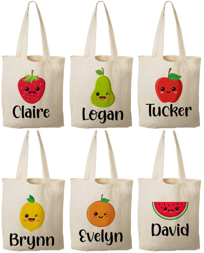 Personalized Fruit Party Favor Bags – Set of Six Custom Canvas Totes