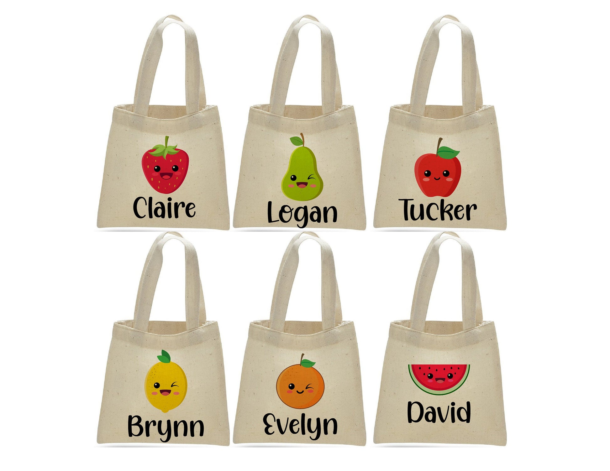Personalized Fruit Party Favor Bags – Set of Six Custom Canvas Totes