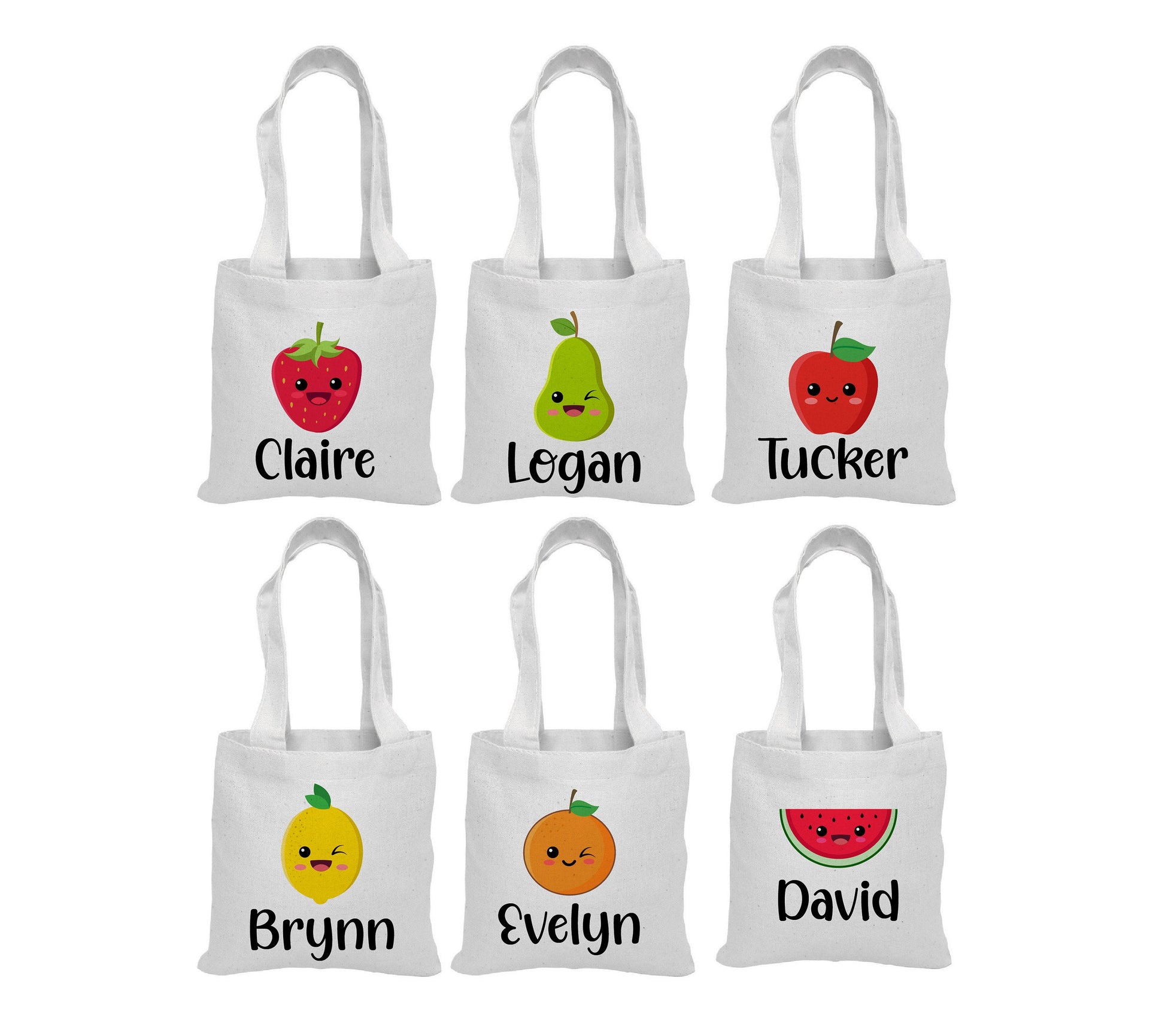 Personalized Fruit Party Favor Bags – Set of Six Custom Canvas Totes